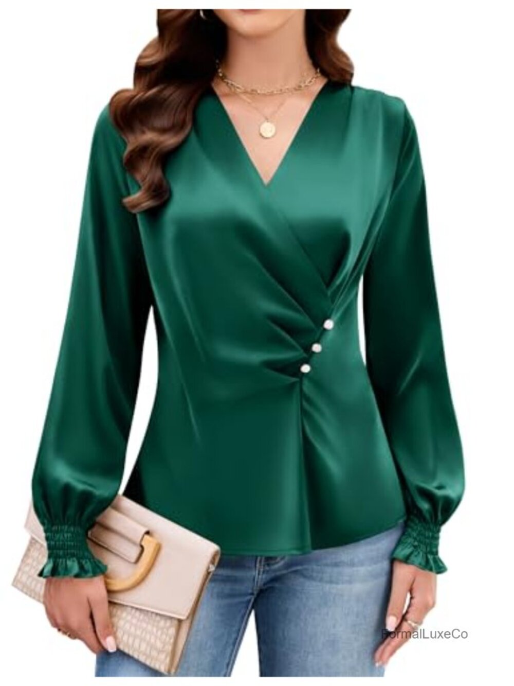 Womens Pleated V-Neck Long Sleeve Blouse Business Casual Work Top Fall